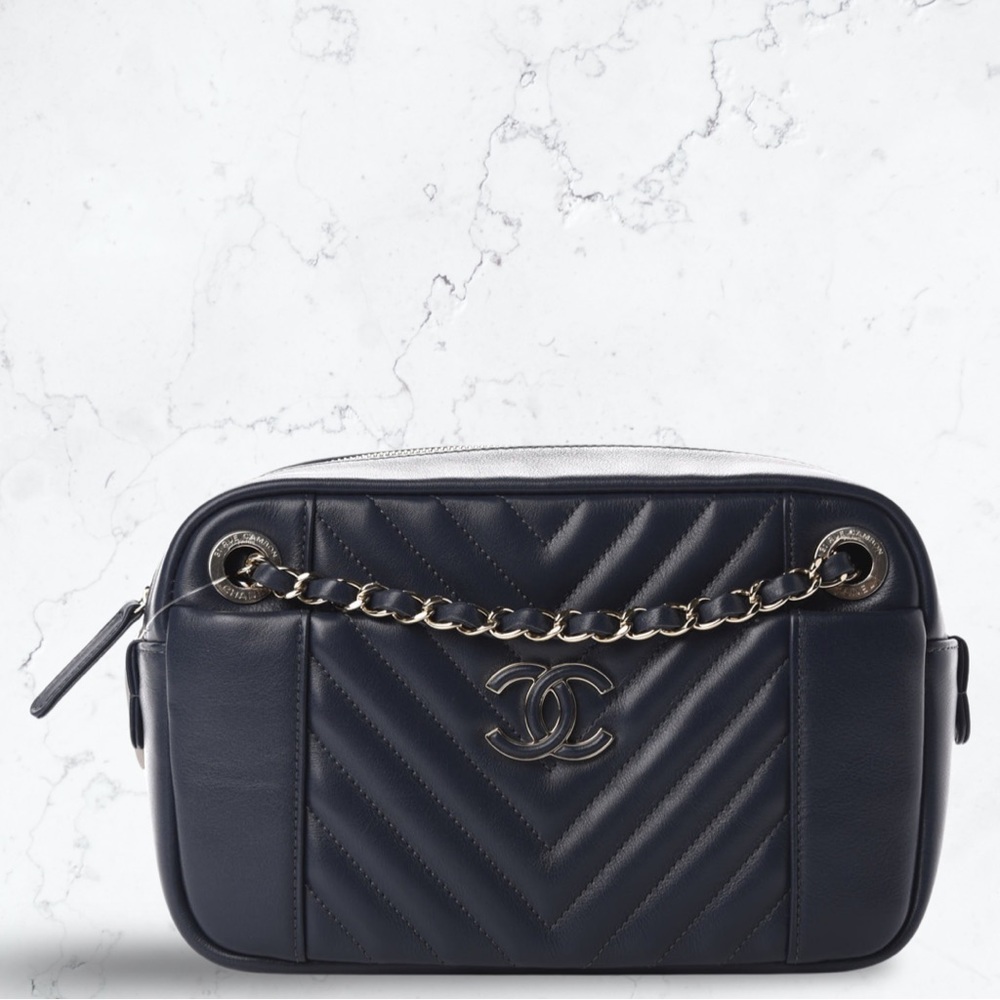Chanel Calfskin Quilted Daily Chevron Camera Case Navy Blue - Picture 1 of 16